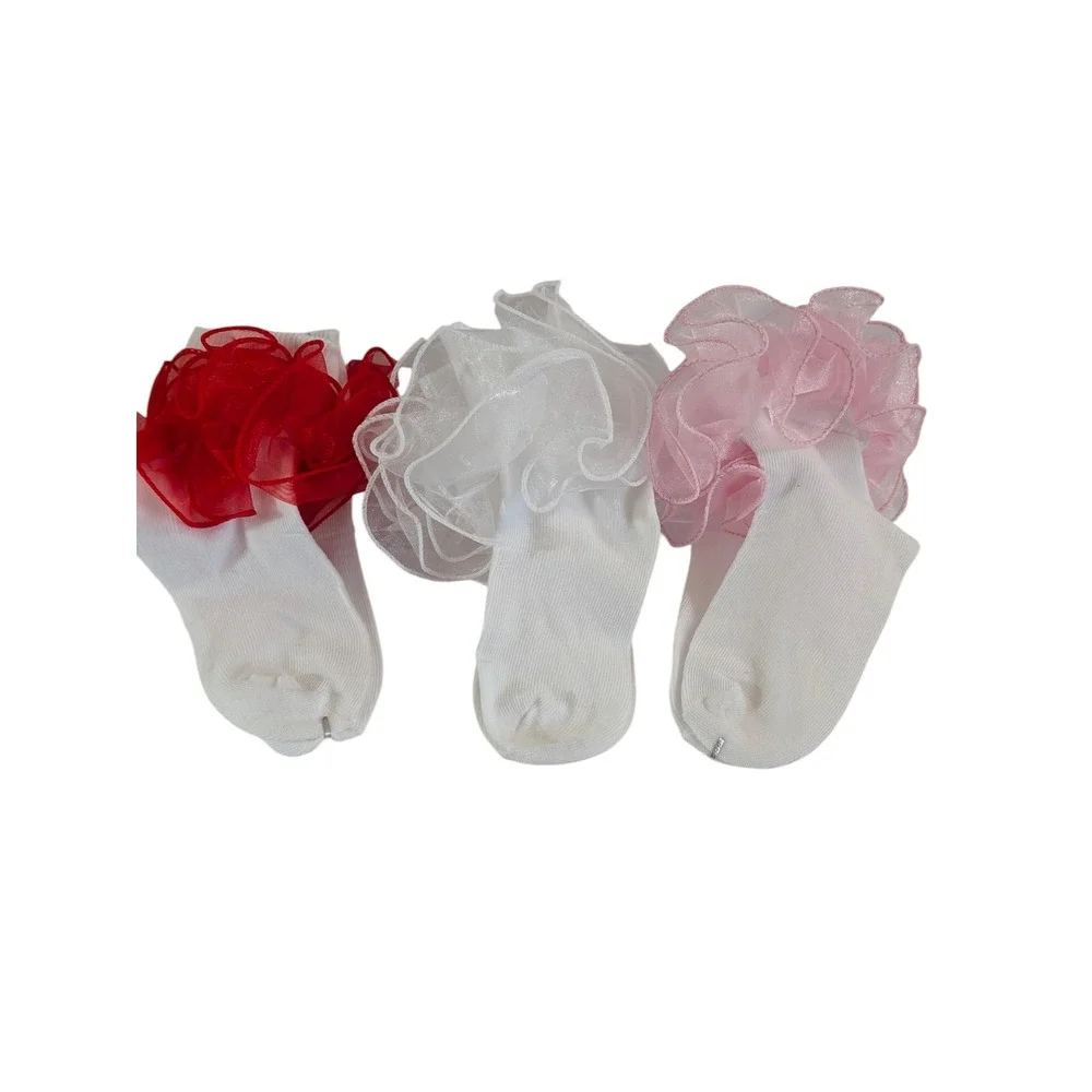 Girls Ruffle Ankle Socks Set Red Pink White Organza Trim 3 Pairs Toddler Kids